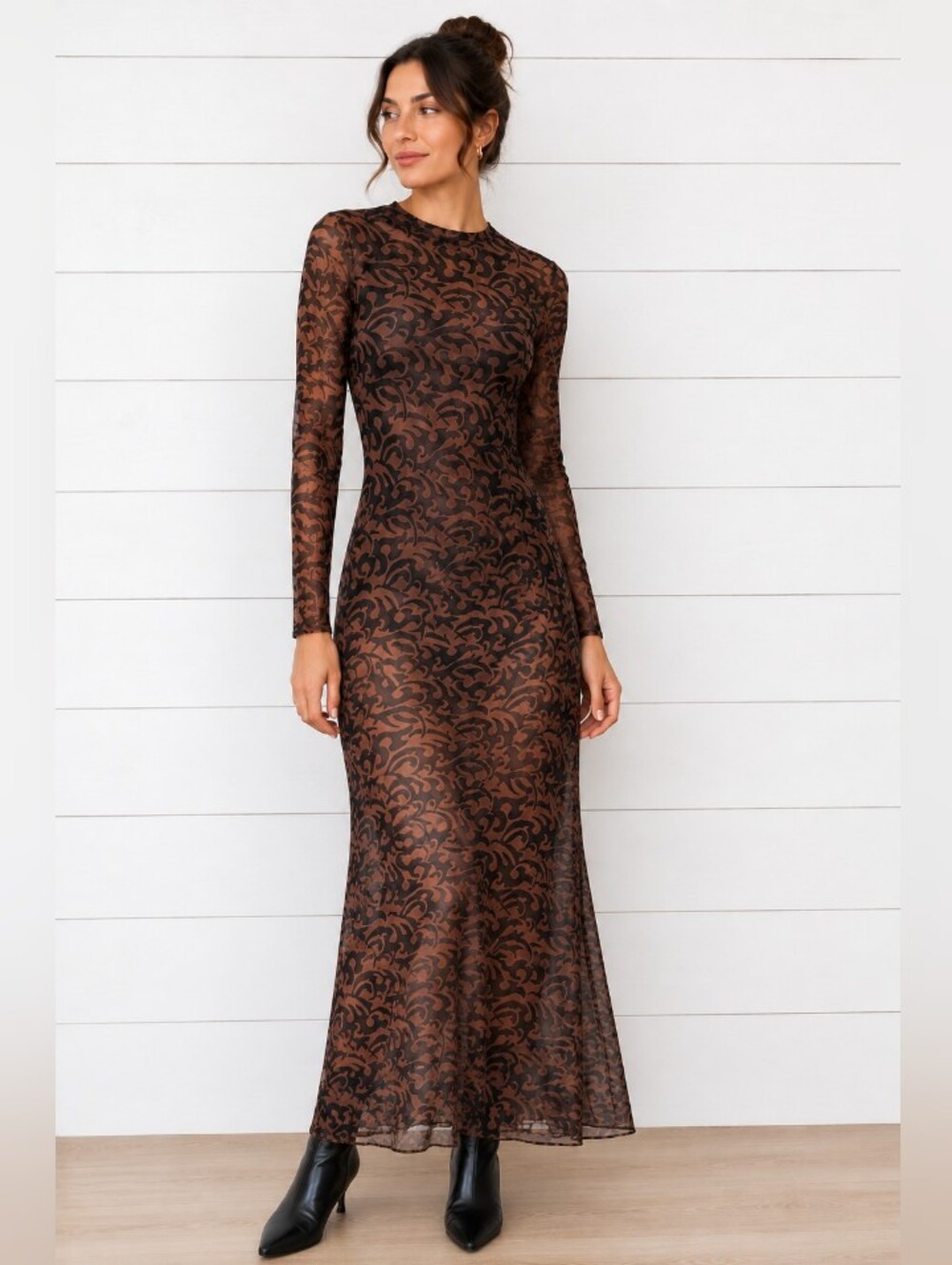BINYA SPAIN Brown Patterned Sheer Long-Sleeve Tattoo Tribal Dress